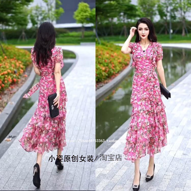 【同款品质】夏季质感花色女人气质绑带收腰上衣+高腰半身蛋糕裙