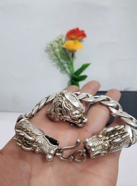 做旧白铜镀银手工铸造双龙头手链手镯戒指一套925银手链男人手链