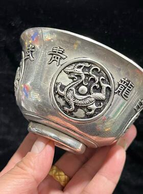 仿古白铜四兽盖碗茶盏茶具摆件老式盖碗复古家居装饰摆件工艺品