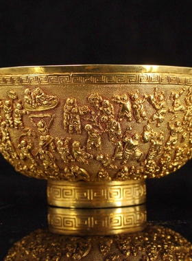 古玩古董收藏纯铜鎏金百子图铜碗