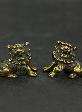 古玩纯黄铜手工实心一对狮子摆件仿古工艺饰品古铜器装饰收藏