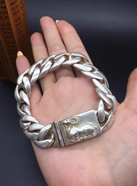 做旧白铜镀银苗族银手工制造银链手链男女霸气银饰生肖羊手镯