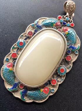 古玩杂项复古做旧藏银镶嵌景泰蓝白色玉方牌吊坠挂件工艺品