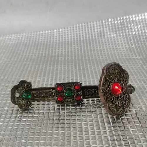 古玩杂项收藏仿古光绪年制黄铜如意镶嵌红绿宝石如意摆件工艺品