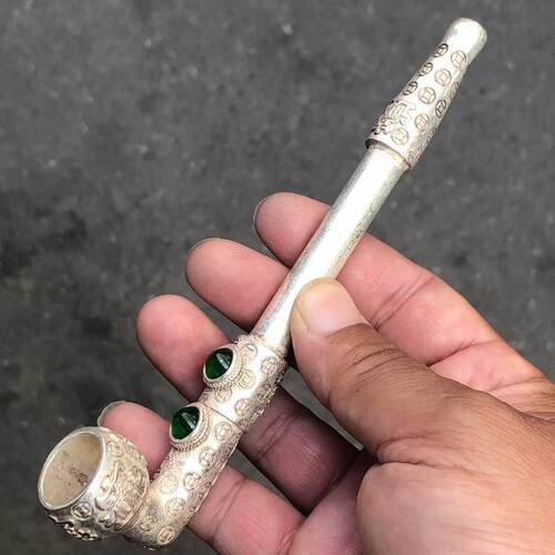 古玩收藏白铜镀银镶嵌宝石老式烟斗烟袋烟嘴杆烟袋烟具送老人礼品