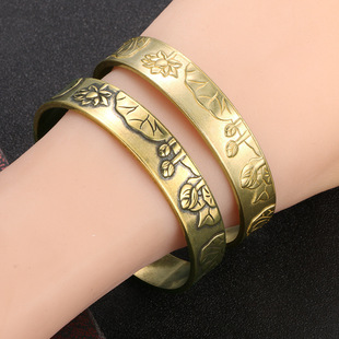 跨境新款复古做旧纯黄铜莲花莲蓬花卉手镯实心铜镯子手钏