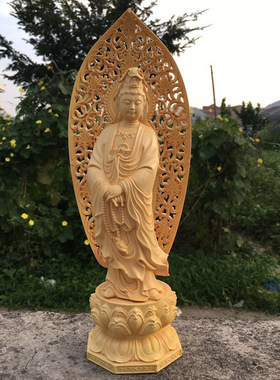 畅销款 黄杨木精雕立莲花观音木质工艺家居摆件 镂空背屏可拆批发