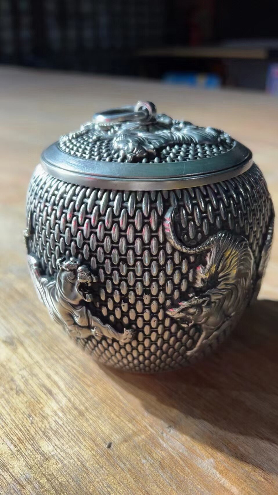 古玩铜器收藏纯铜镀银五虎图茶叶罐储存罐老包浆家居工艺摆件茶具