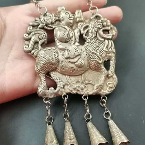民族风纯手工苗银藏银项链毛衣链吊坠挂件坠子工艺品摆件麒麟送子