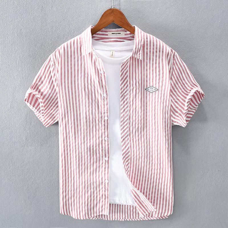코튼 스트라이프 얇은 셔츠 남성 반팔 여름 올 매치 캐주얼 일본 옷깃 무철 주름 방지 가디건