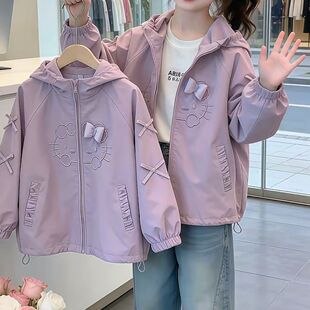 2026春秋新款女童韩版冲锋衣连帽外套中大童卡通蝴蝶结百搭上衣潮