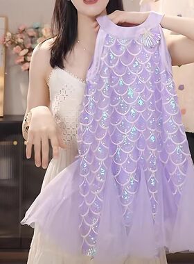 女童连衣裙2025新款夏季儿童宝宝挂脖公主裙女孩可爱美人鱼背心裙