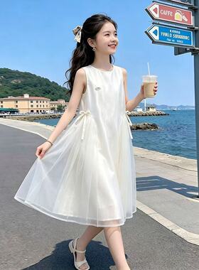 2026女童连衣裙夏季新款洋气儿童无袖网纱公主裙夏装白色背心裙子