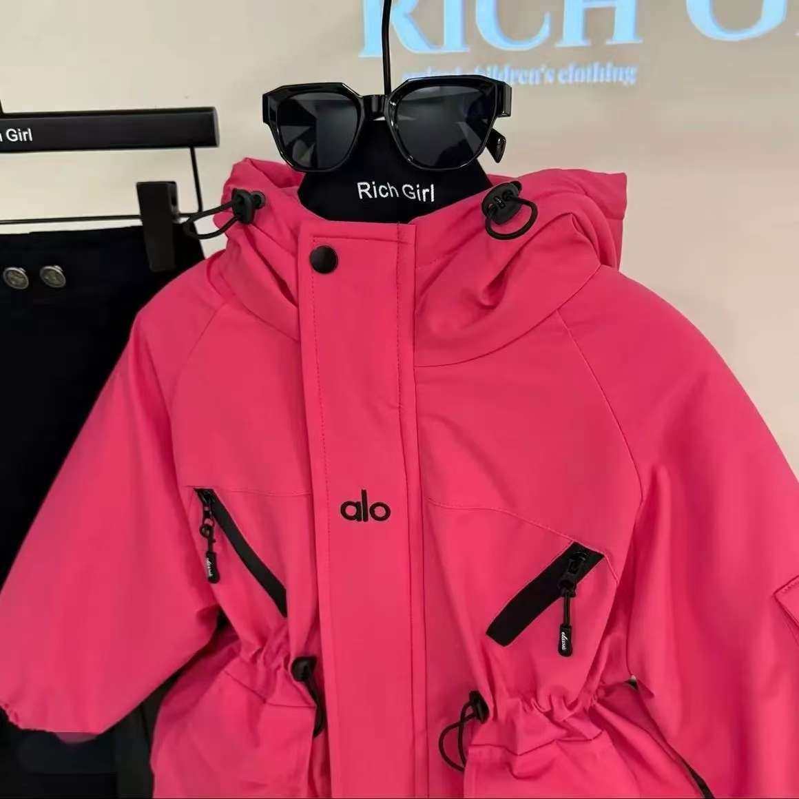 多巴胺玫二棉冲锋衣女童粉色防风保暖秋冬设计感工装棉服加厚外套