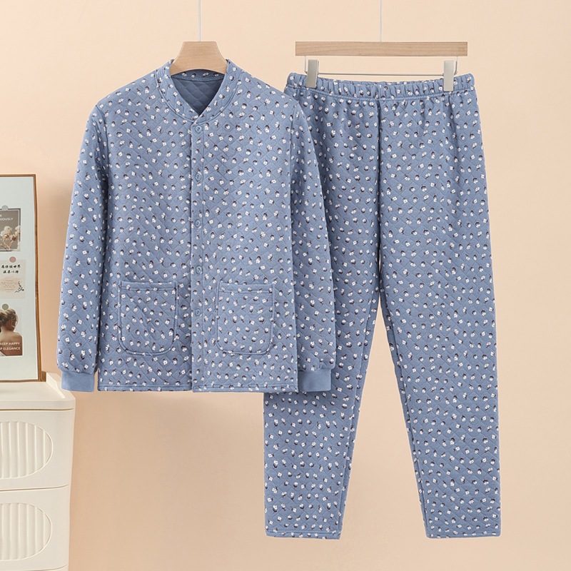妈妈三层夹棉开衫睡衣睡裤中老年人秋冬居家保暖上衣裤子加肥大码