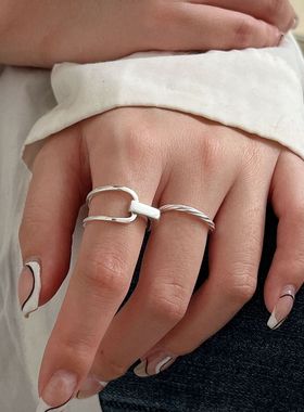 新客立减银瑞泰s925纯银法式简约不对称线条戒指女ins冷淡风光面