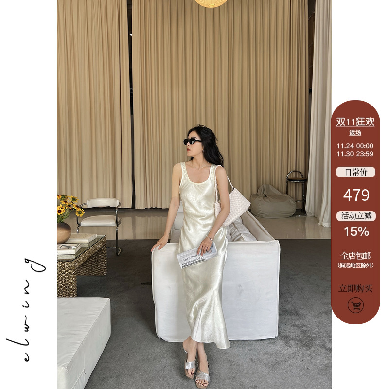 100%醋酸缎U领背心吊带连衣裙
