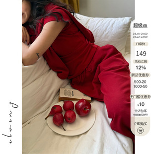 Elwing原创新年红加绒连帽拉链卫衣阔腿裤磨毛短袖T恤套装年衣