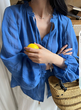 Elwing原创浪漫轻薄木耳边正肩灯笼袖宽松长袖衬衫女夏季防晒衫