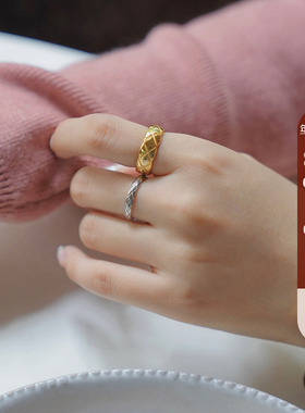 Elwing原创纯银镀金编织纹戒指女法式小众精致简约素圈食指戒饰品