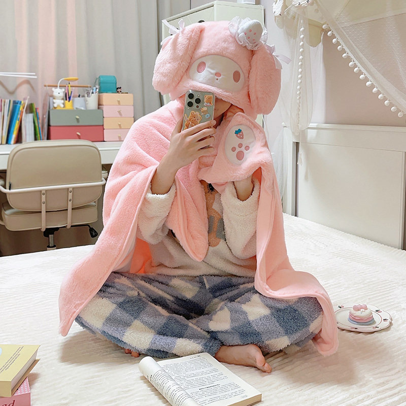 可爱美乐蒂连帽披风学生披肩午睡保暖斗篷卡通粉色毯生日礼物定制