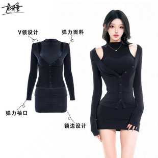 龙牙童推荐 秋冬韩系两件套裙子欧美黑色内搭连衣裙 韩模滤镜