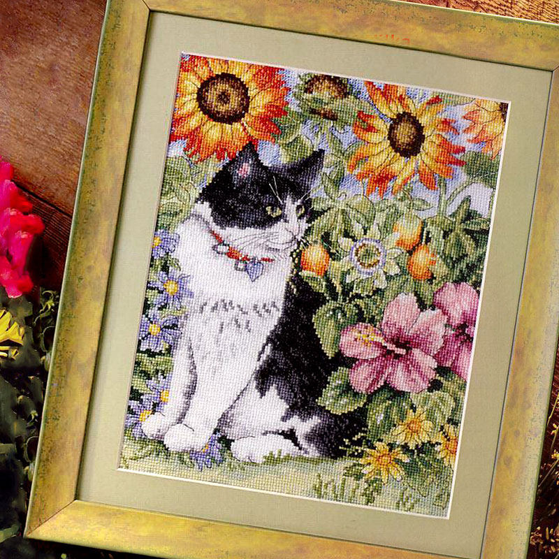 手工套件小小鱼十字绣 Gold40-7向日葵丛中的猫咪动物精准印花