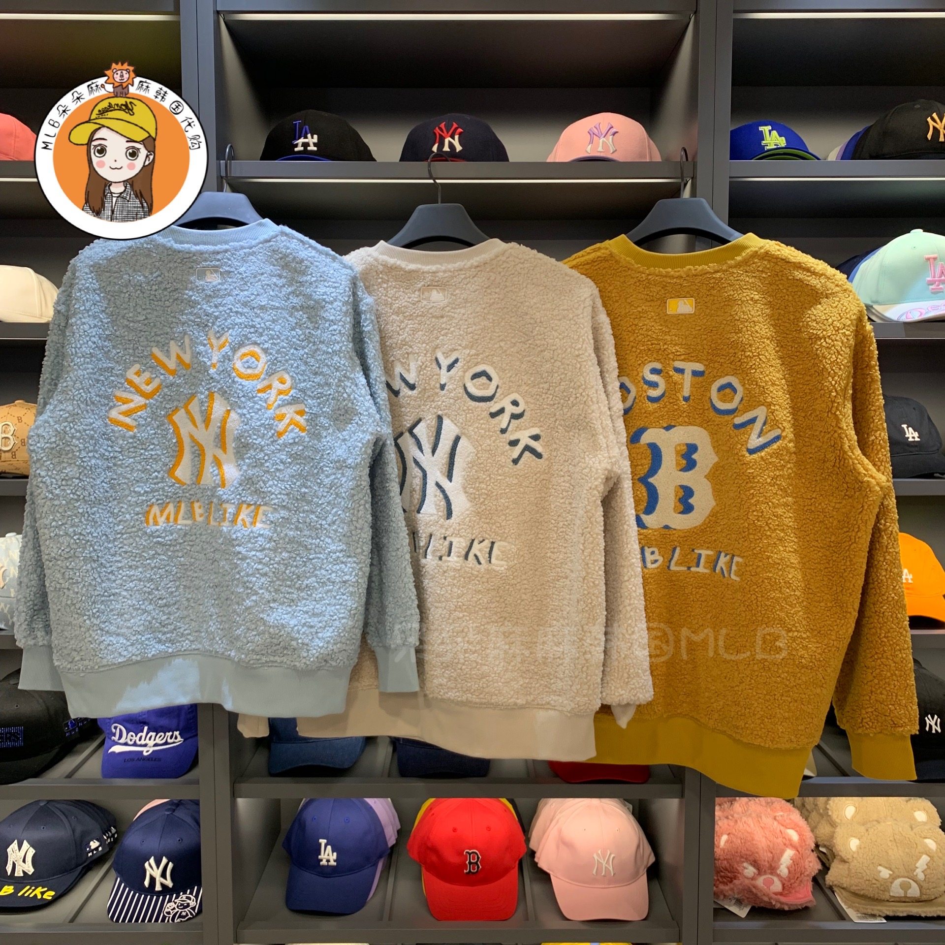 韩国MLB正品秋冬新款羊羔绒LIKE涂鸦印花卫衣宽松男女上衣31MTF2