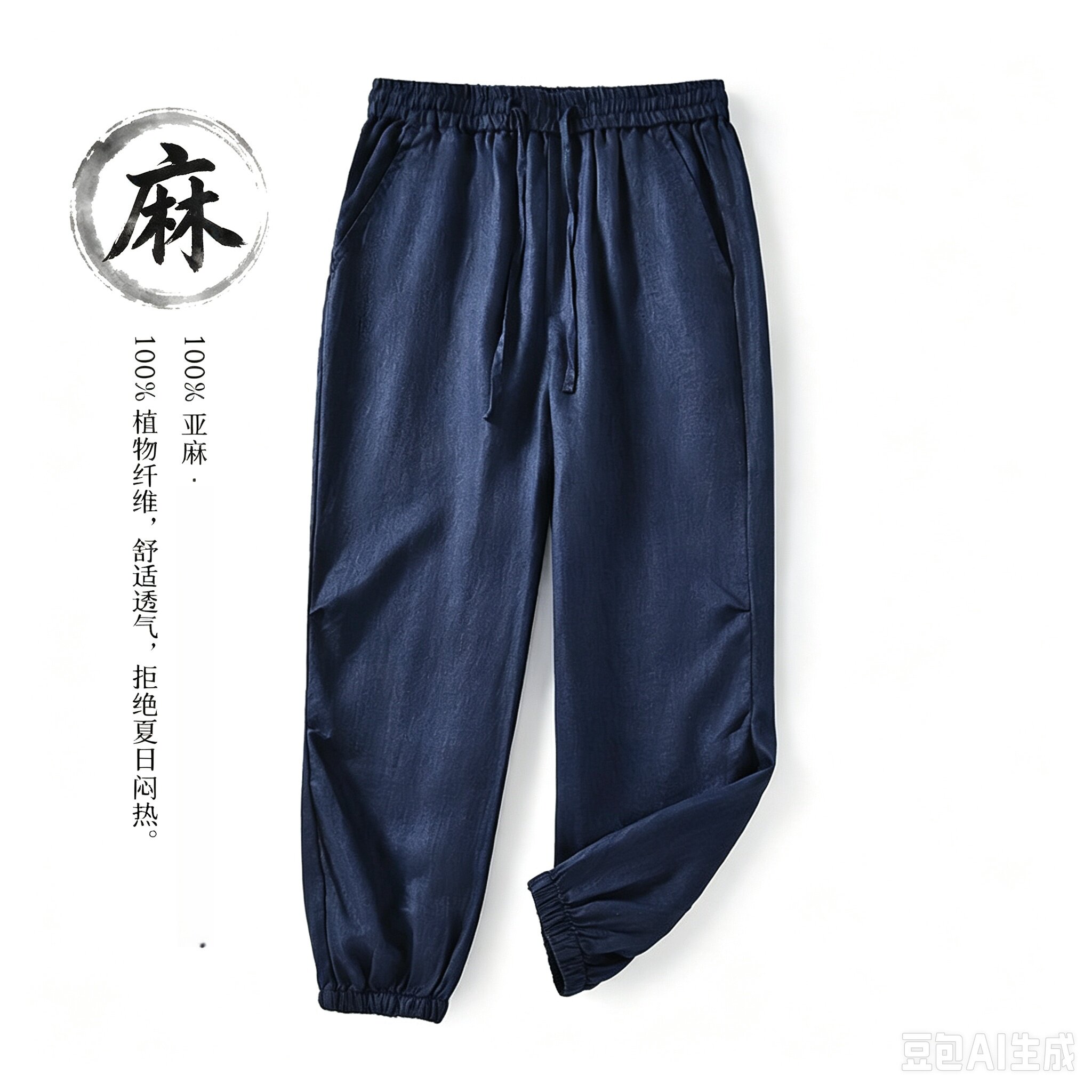 【100%纯麻】男裤春夏季宽松长裤束脚休闲运动裤抽绳松紧腰裤子