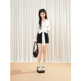 夏季纯欲风白色条纹衬衫背后绑带短款上衣+黑色包臀裙简约两件套