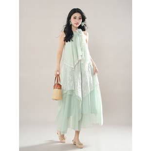 2025新款 挂脖连衣裙女夏季 海边度假蕾丝拼接长裙 温柔甜美无袖 法式