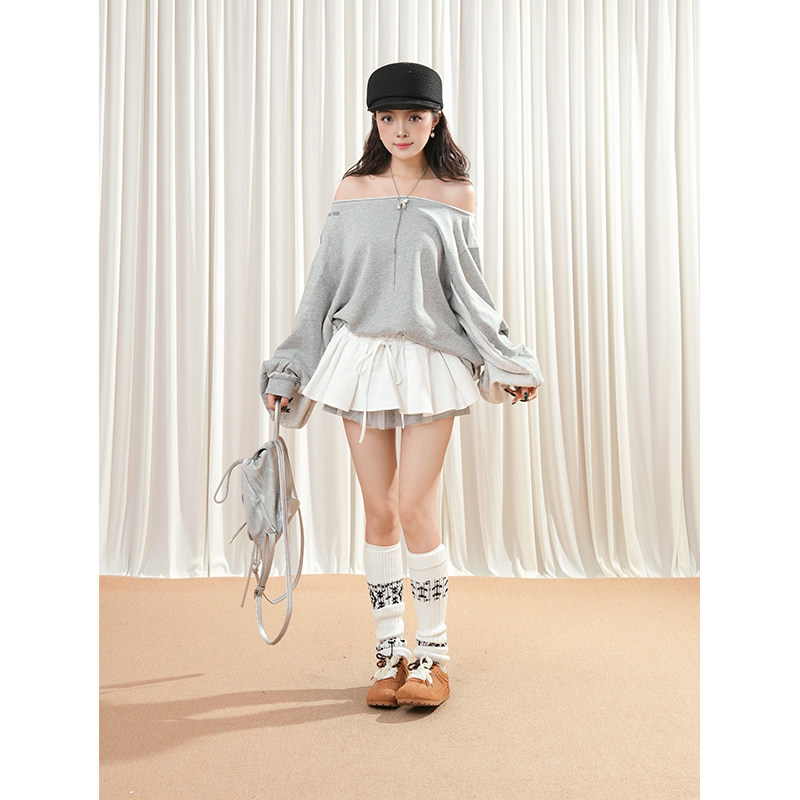 韩版甜美灰色卫衣+白色双层半身裙套装设计感辣妹小众ins外套短裙