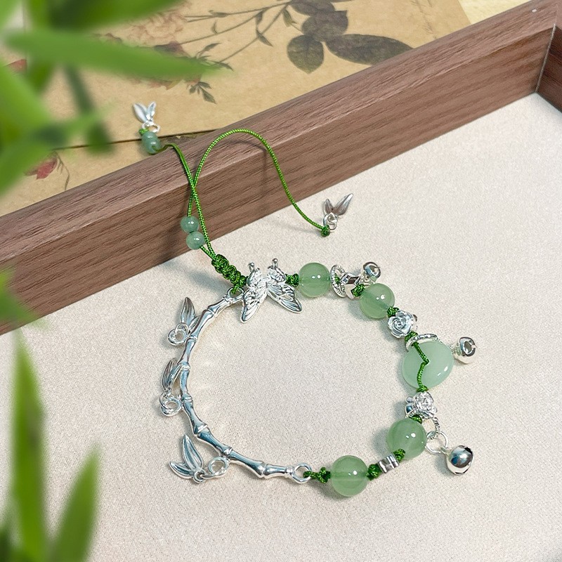 新中式古风手镯绿色竹节串珠手链新款高级设计款蝴蝶手链首饰