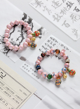 淄博琉璃吞金兽樱花粉瓷网红女香灰手串景区手链饰品情侣礼物