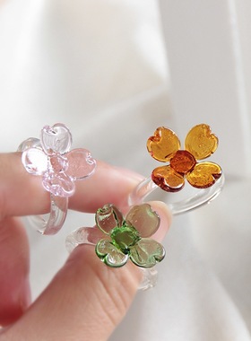 淄博琉璃水晶戒指幸运四叶草玻璃饰品工艺品纯手工设计感小众礼物