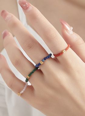 极细2mm迷你S925银天然彩虹碧玺戒指戒子珍珠水晶质感祝福好运