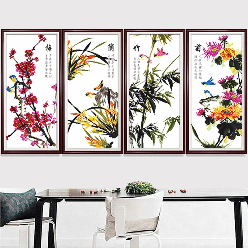 2025新款棉线绣十字绣成品纯手工机绣梅兰竹菊一套系客厅书房挂画