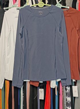 外贸女士运动上衣圆领跑步休闲柔软透气弹力速干带拇指孔紧身长袖