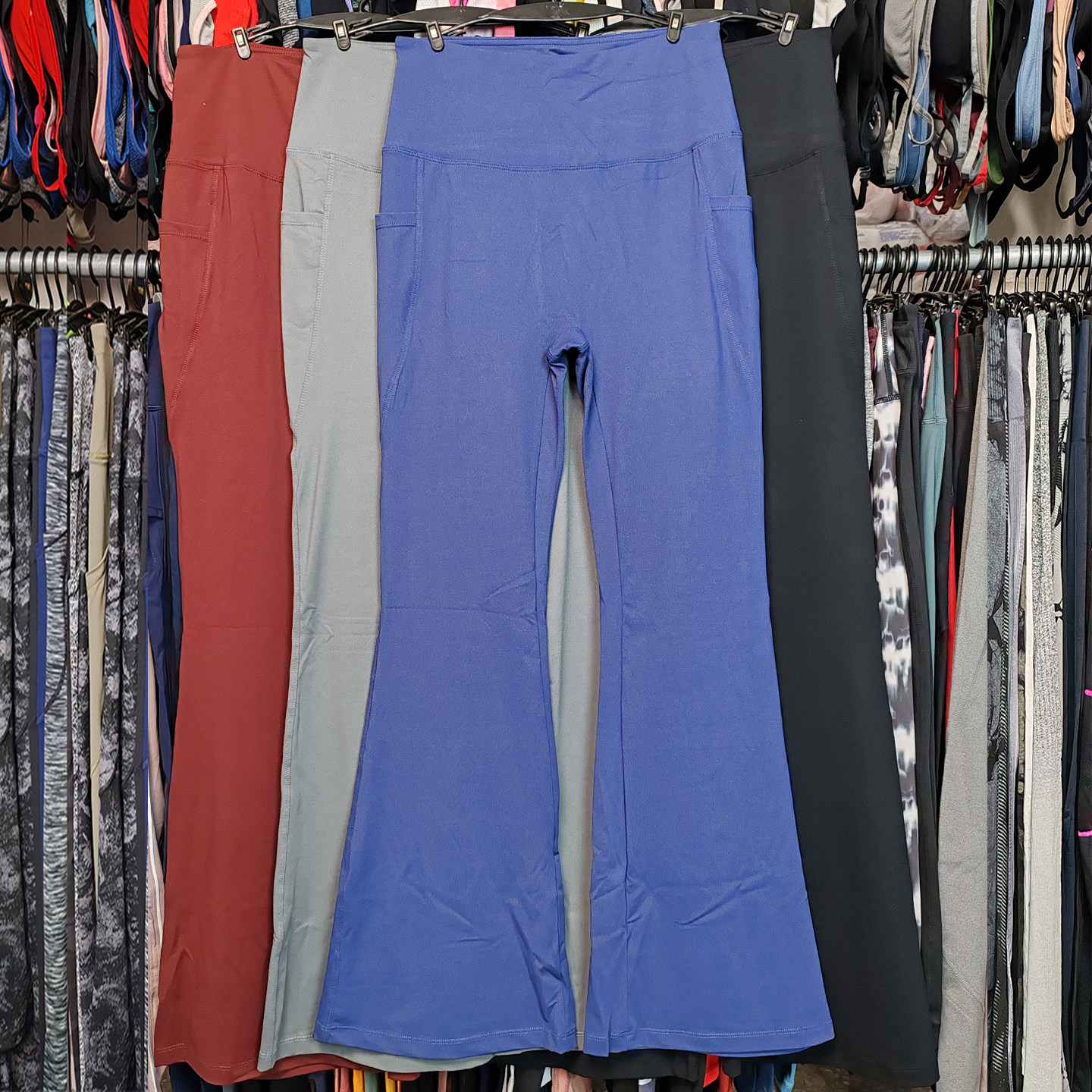 外贸喇叭裤高腰口袋紧身弹超柔软大码跑步运动健身瑜伽长裤子女式