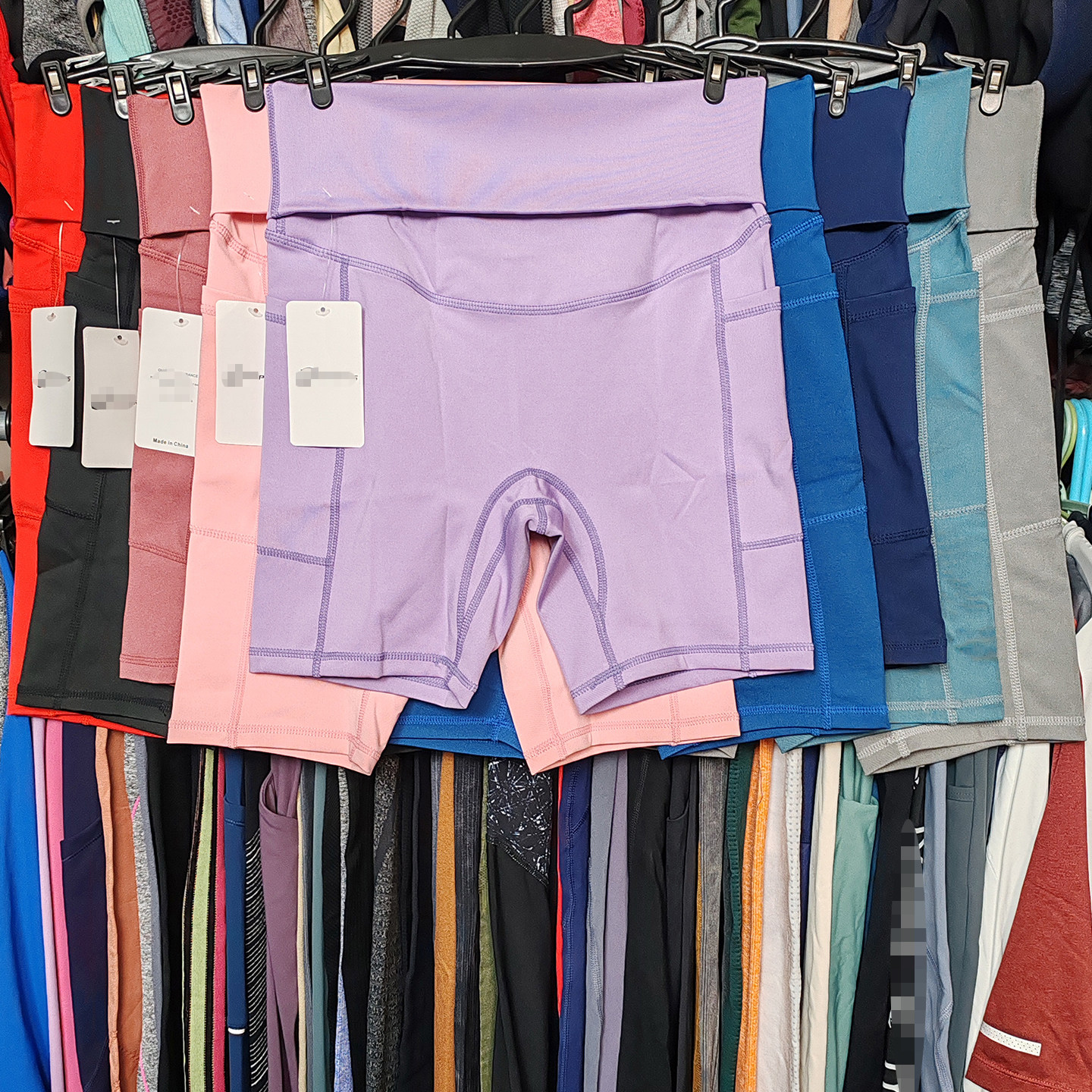 外贸运动短裤健身瑜伽速干紧身高腰弹护腰大码柔软跑步口袋四分裤