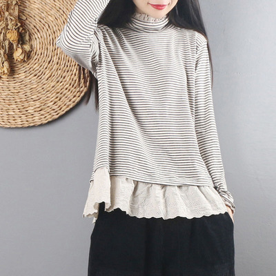 文艺复古风条纹高领秋冬季打底衫