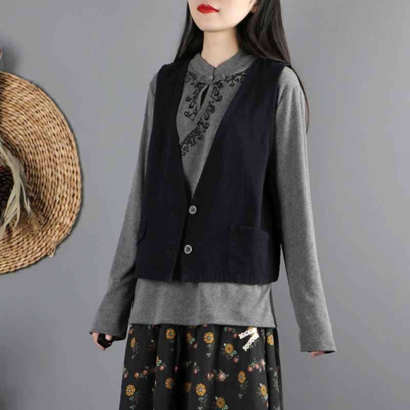 文艺复古日系外搭工装女叠穿v领