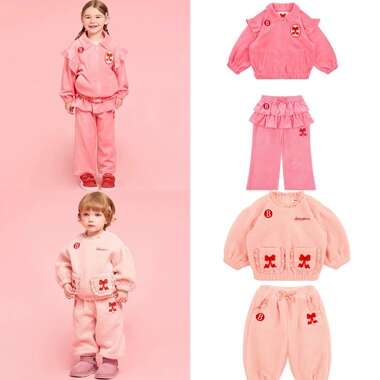 BabyKing25冬季BE新品天鹅绒毛巾刺绣套装嫩粉毛毛卫衣束脚裤套装
