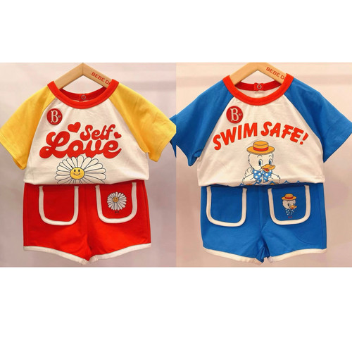 Baby'King 25夏款BE游泳鸭夏日短袖蓝白插肩爱心雏菊夏日短袖套装