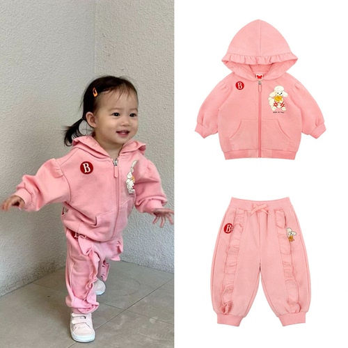 BabyKing 25年BE女童宝宝春粉色萌萌羊休闲运动外套运动裤两件套