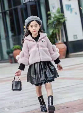 18863儿童韩版潮流加厚冬季新款女童外套连衣裙两件套洋气连帽潮