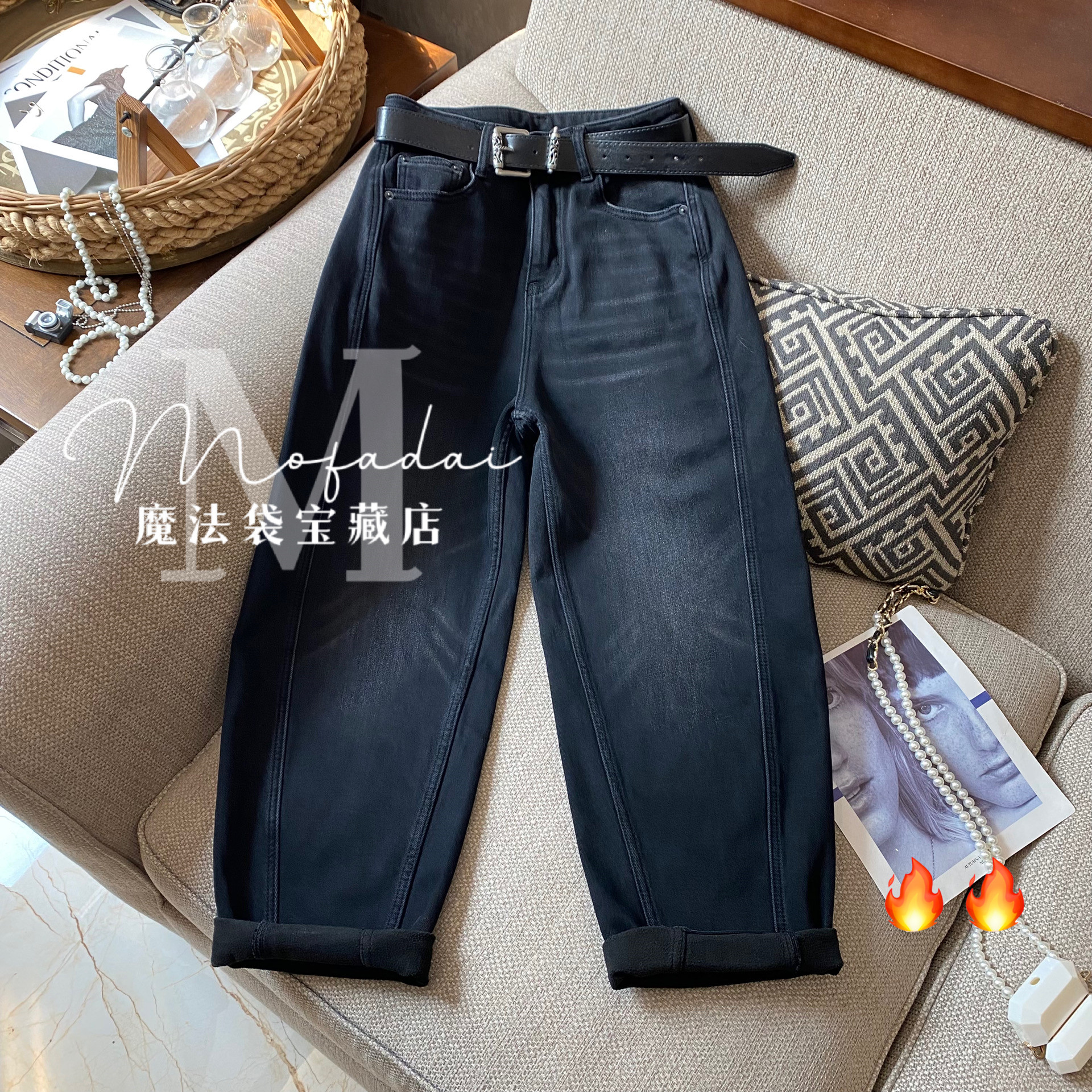 加绒垮裤宽松弹力九分哈伦裤