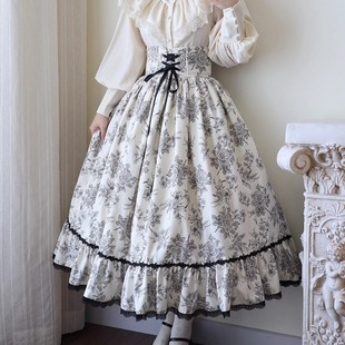 ◆原创定制◆素描野玫瑰lolita优雅日常复古高腰鱼骨半裙sk◆