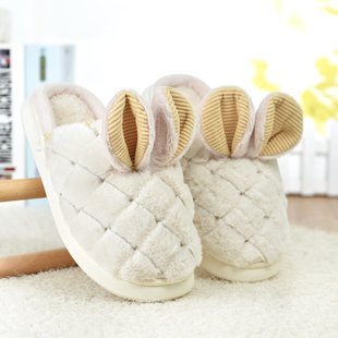新款长耳可爱卡通棉拖鞋女冬居家居厚底拖板加绒保暖男式拖鞋家用