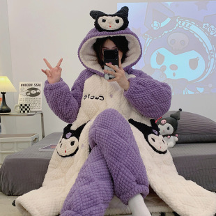 保暖家居服 三层夹棉高颜值法兰绒睡袍套装 珊瑚绒睡衣女士冬季 新款